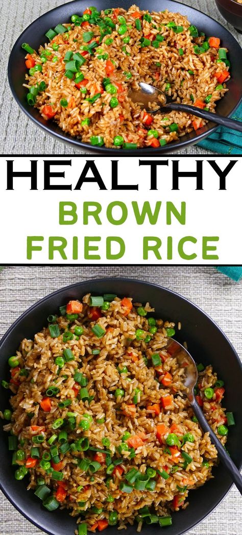 Brown bowl with fried rice and carrots, peas and green onions with text "healthy brown fried rice". Vegan Brown Rice Recipes, Asian Brown Rice, Brown Rice Side Dish Recipes, Brown Rice Instant Pot, Brown Rice Side Dish, Brown Rice Dishes, Brown Rice Recipes Healthy, Instant Pot Asian Recipes, Healthy Brown Rice