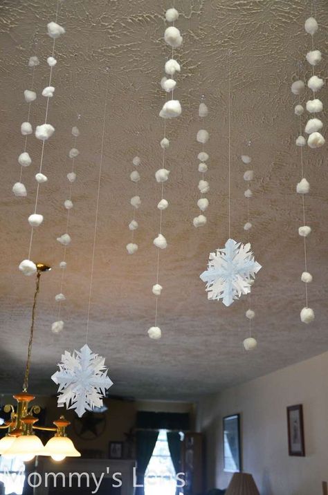 Hanging Snow Flakes From Ceiling, Winter Ceiling Decorations Classroom, Classroom Christmas Decorations Ceiling, How To Hang Snowflakes From Ceiling, Christmas Decorations Made Of Paper, Classroom Christmas Decor Ideas, Diy Frozen Decorations, Hanging Snowflakes From Ceiling, Snowflakes From Ceiling