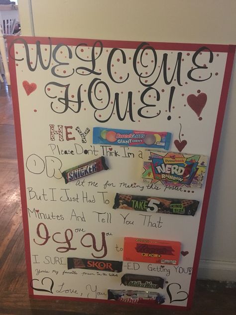 Andrews welcome home gift coming back from a fire 🔥 Welcome Home For Boyfriend Ideas, Welcome Home Box For Boyfriend, Welcome Home Gifts For Friends, Welcome Back For Boyfriend Ideas, Welcome Home Candy Poster, Romantic Welcome Home Surprise For Him, Airport Signs For Boyfriend, Coming Home Gifts For Boyfriend, Welcome Home Gifts For Husband