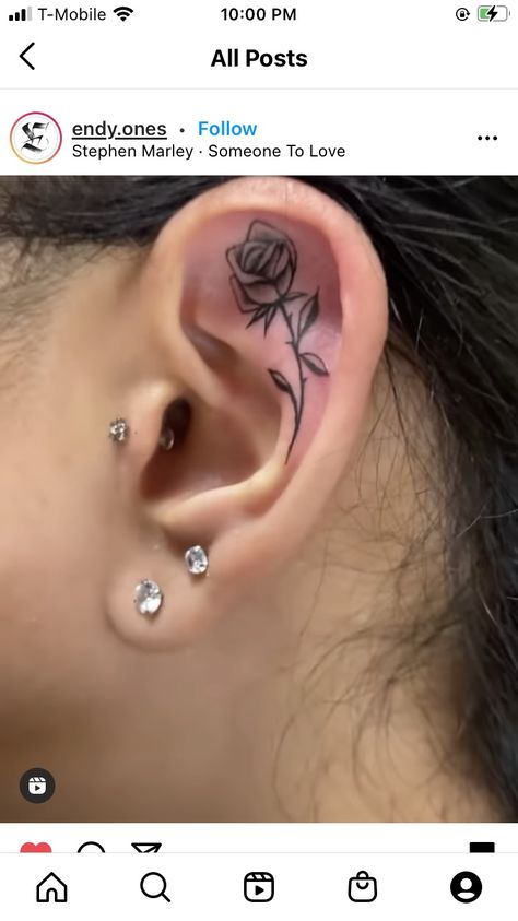 Ear Rose Tattoo, Cartilage Tattoo, Ear Lobe Tattoo, Tragus Tattoo, Inner Ear Tattoo, Different Ear Piercings, Behind Ear Tattoos, Ear Tattoo Ideas, Small Finger Tattoos