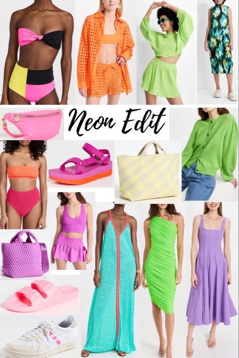 Neon Group Outfits, Neon Pool Party Outfit, Neon Edit, Neon Party Outfits, Neon Pool Parties, Neon Bathing Suits, Summer Night Party, Webtoon Art, Bathing Suit Outfits