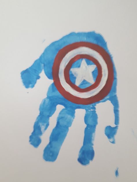 Captain America Handprint Superhero Art For Toddlers, Superhero Infant Art, Superhero Crafts For Infants, Super Hero Crafts For Toddlers, Superhero Handprint Art, Captain America Shield Art, Superhero Class, Baby Art Crafts, Hero Crafts