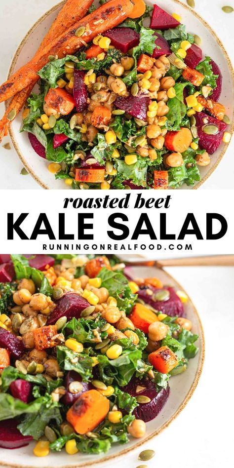 This gluten-free and vegan roasted beet kale salad with carrot, corn, pumpkin seeds, marinated chickpeas and sweet and tangy balsamic dressing is so packed with nutrition, flavour and texture, it's sure to be a hit! Marinated Chickpeas, Beet Salad Recipes, Roasted Beet Salad, Vegan Roast, Vegan Salad Recipes, Beet Salad, Roasted Beets, Chickpea Salad, Vegan Salad