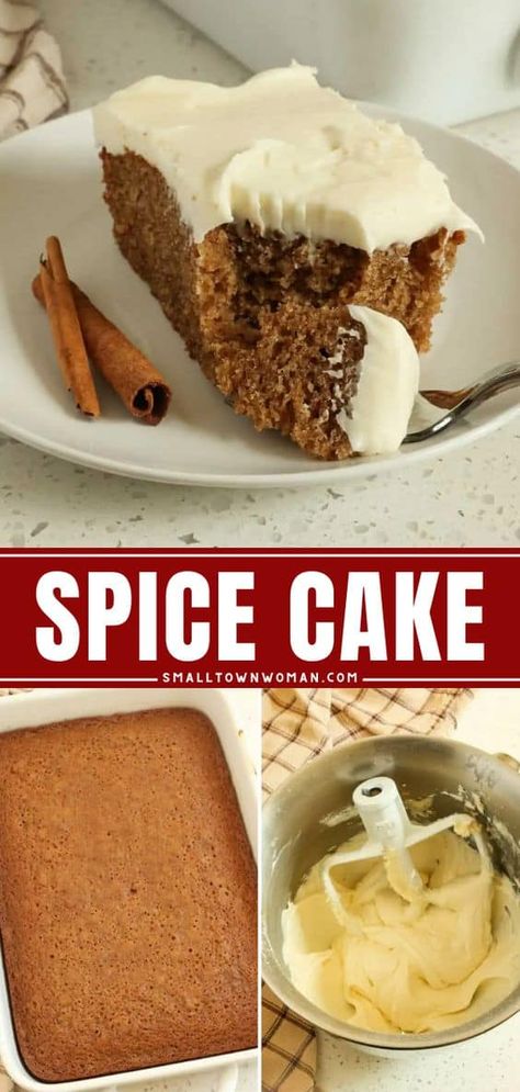 Here's a fall cake for your Thanksgiving dinner party menu! It's an easy apple recipe. Topped with brown sugar cream cheese frosting, this moist spice cake is delicious. Enjoy celebrating with this simple Thanksgiving dessert! Pinterest Desserts, Spicy Cake, Moist Spice Cake, Spice Cake Recipe, Coffee Bread, Spice Cake Recipes, Spice Cake Mix, Bar Recipe, Different Cakes