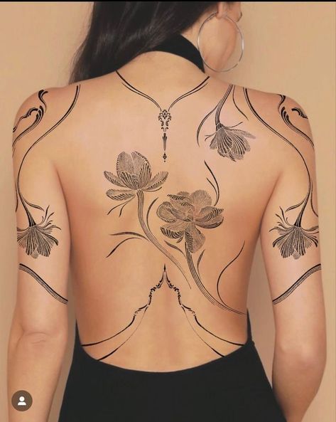 Backless Dress Tattoo, Witchy Back Tattoo Ideas, Vase Back Tattoo, Tattoo Ideas Inspiration, Shoulder Cap Tattoo, Flower Spine Tattoos, Spine Tattoo Ideas, Tato Minimal, Handpoke Tattoo