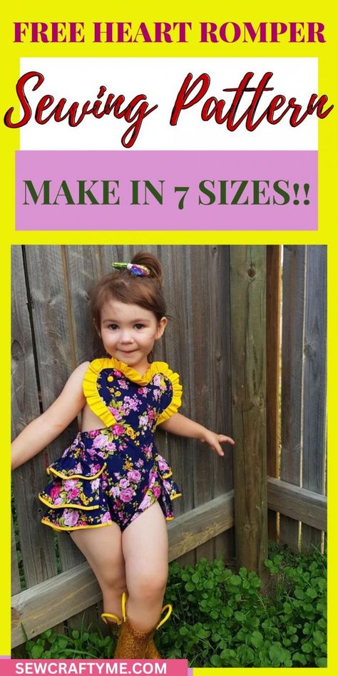 Learn how to sew a romper with a heart shaped bib with this free sewing pattern. Here you will get step by step instructions and free downloadable templates to make the romper in 6 sizes, from newborn to 4 years. This DIY romper sewing project is perfect for your little girl on Valentine's day. There are options to make the romper with or without the ruffles along the chest and back. Baby Sewing Projects Free, Baby Girl Sewing Projects, Jumpsuit Pattern Sewing Free, Diy Romper, Baby Romper Sewing Pattern, Girls Sewing Projects, Toddler Sewing Patterns, Romper Sewing Pattern, Jumpsuit Pattern Sewing