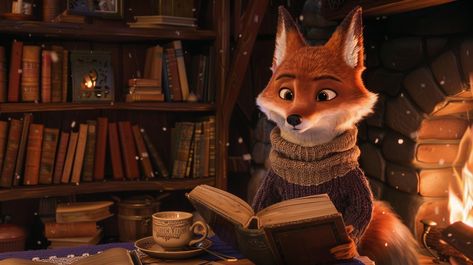 Fox Reading Book: An animated fox enjoys a good book by the warm fireplace in a cozy, book-filled room. #fox #animated #reading #book #fireplace #cozy #sweater #tea #aiart #aiphoto #stockcake https://ayr.app/l/Rh5x Book Fireplace, Fireplace Cozy, Warm Fireplace, Reading Book, Book Images, Cozy Sweater, Creative Words, Wallpaper Pc, Free Photos