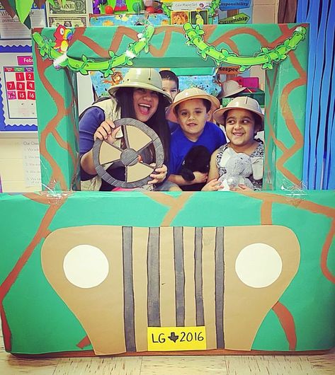 Jungle Preschool Theme, Rainforest Theme Party, Jungle Classroom Theme, Desk Transformation, Explorer Car, Safari Theme Classroom, Safari Car, Preschool Jungle, Jungle Activities