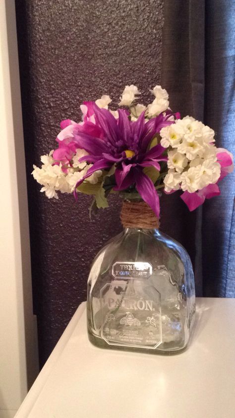 Patron Bottle Flower Vase, Patron Flower Vase, Patron Centerpiece, Repurpose Patron Bottle, Patron Centerpiece Tequila Bottles, Flowers In Liquor Bottles, Liquor Bottle Flower Vase, Alcohol Bottle Vase, Bottle Centerpieces Birthday