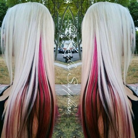 Platinum Pink And Black Hair, Platinum Blonde Hair With Hot Pink, Black And Pink And Blonde Hair, Platinum Blonde Hair With Pink Tips, Hot Pink And Platinum Hair, Blonde Hair With Pink And Black Streaks, Long Blonde And Pink Hair, Blonde Hair With Streaks Of Color, Blonde Pink Black Hair