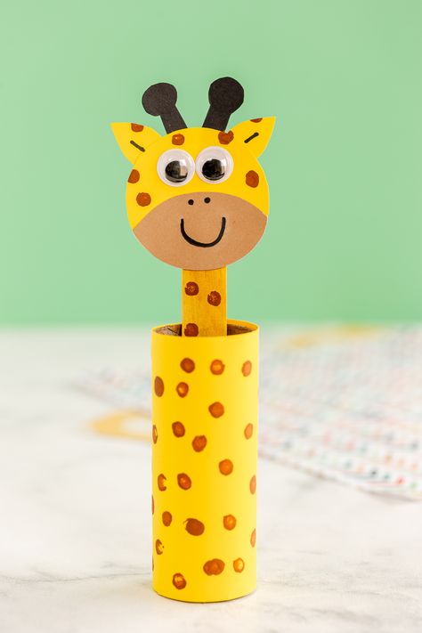 toilet paper roll giraffe on counter with light green background Giraffe Craft, Flower Pounding, Paper Plate Animals, Giraffe Crafts, Under The Sea Crafts, Alphabet Crafts Preschool, Cottage Market, Slime Craft, Unicorn Crafts