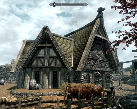 Skyrim House Design, Nordic Architecture Ancient, Skyrim Buildings, Alaskan Architecture, Skyrim Architecture, Skyrim Locations, Nordic Building, Norse Architecture, House Exterior Colors Blue