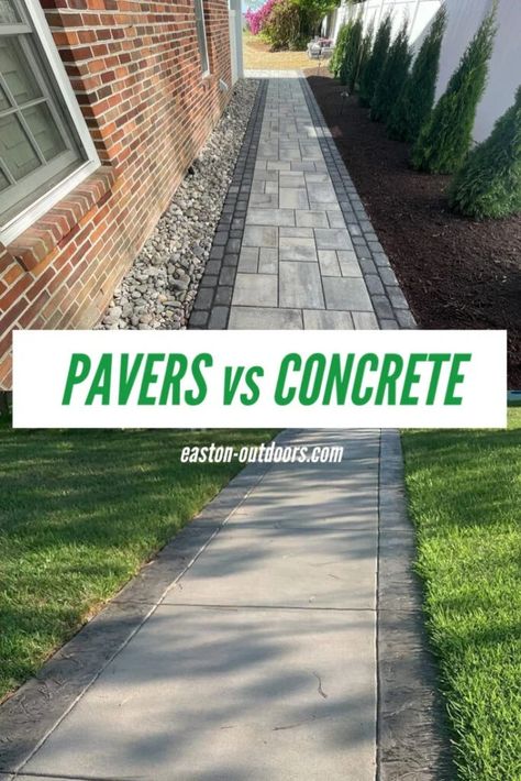 Paver Vs. Concrete Patio | What You Need to Know Driveway Pavers Extension, Concrete And Pavers, Large Concrete Pavers, Concrete Pavers Walkway, Stamped Concrete Walkway, Poured Concrete Patio, Concrete Front Porch, Concrete Paver Patio, Concrete Backyard