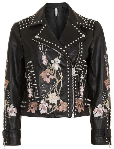 ☆ @iolandapujol ☆ Topshop Embroidered leather jacket Floral Leather Jacket, Leather Jacket Biker, Embroidered Leather Jacket, Tall Girl Fashion, Floral Print Jacket, Studded Leather Jacket, Studded Jacket, Altered Couture, Leather Jacket Outfits