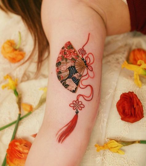 Charms Tattoo, Charm Tattoo, Around Arm Tattoo, Small Chest Tattoos, Korean Tattoos, Fan Tattoo, Intricate Tattoo, Small Girl Tattoos, Red Ink Tattoos