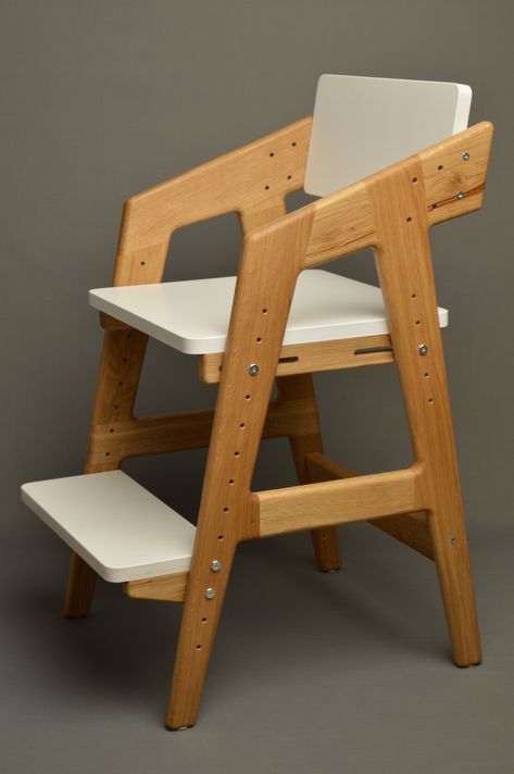 The children's chair is adjustable in height. The sidewalls are made of solid oak, the back/seat/footrest are made of birch plywood Childrens Chair, Wood High Chairs, Wooden Office Chair, Plywood Diy, Wall Wardrobe Design, Modern Dollhouse Furniture, Wooden Sofa Set Designs, Chair Design Wooden, Plywood Chair