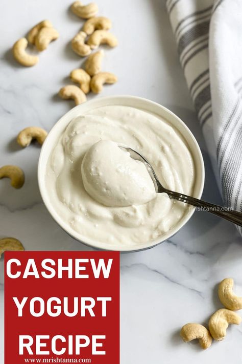 A glass bowl has cashew yogurt and in the center a spoon is inserted. Cashew Yogurt Recipe, Cashew Milk Yogurt, Yogurt Instant Pot, Instant Pot Yogurt Recipe, Yogurt Making, Low Carb Instant Pot Recipes, Vegan Greek Yogurt, Cashew Yogurt, Make Your Own Yogurt