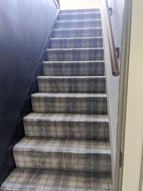 Plaid Carpet On Stairs, Plaid Carpet Basement, Loft Carpet, Tartan Stair Carpet, Plaid Carpet, Dark Green Rooms, Basement Carpet, Neutral Carpet, Dark Carpet