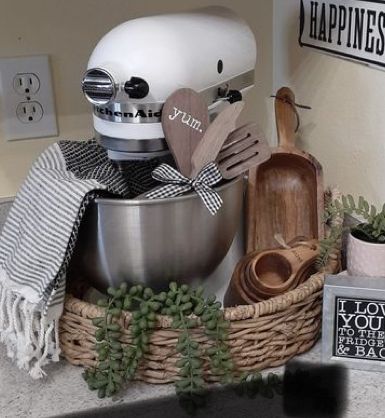 Mixer Decorations, Stand Mixer Decor, Kitchenaid Mixer Decor, Kitchenaid Mixer Decor Ideas, Mixer On Counter Decor, Two Tiered Tray Decor, Mixer Decor, Big House Kitchen, Cottagecore Kitchen Decor