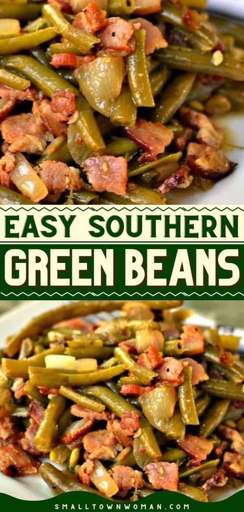 Southern Green Bean Recipes, Cooked Green Beans, Southern Style Green Beans, Bacon Wrapped Green Beans, Yogurt Treats, Southern Green Beans, Cooking Fresh Green Beans, Southern Greens, Beans With Bacon