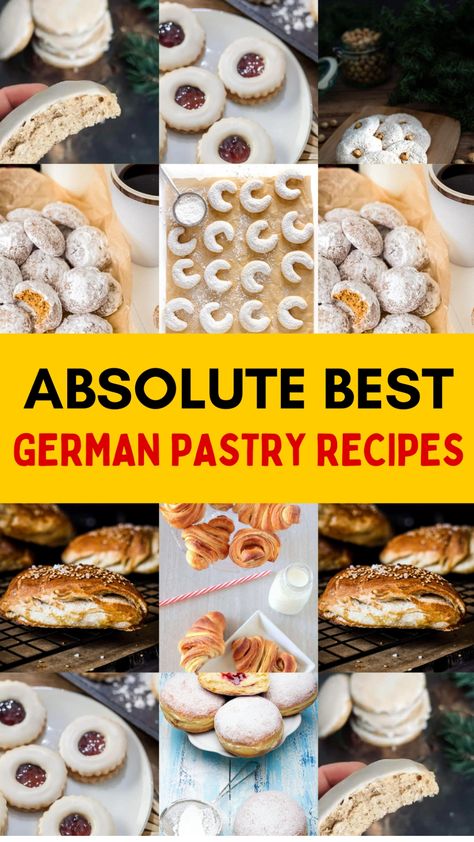 "Various German pastries including crescent cookies, jam-filled cookies, and sugar-dusted pastries." Traditional German Cookie Recipes, German Pastries Recipes, German Pastry Recipes, German Holiday Recipes, German Strudel Recipes, German Baked Goods, Authentic Recipes From Around The World, German Cookies Traditional, German Desserts Authentic