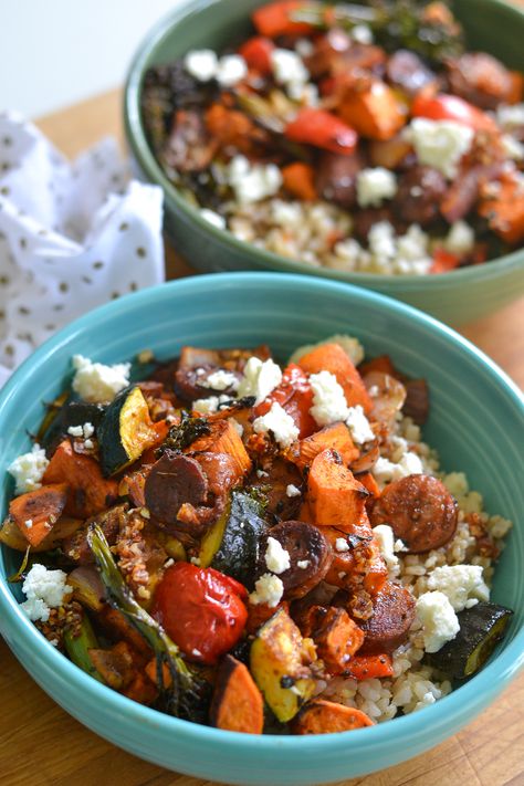 Healthy Dinner Recipes With Veggies, Roasted Veggie Rice Bowl, Brat Sheet Pan Dinner, Dinner Bowls Vegetarian, Roast Veggie Bowl, High Veggie Dinners, One Sheet Dinners, Easy Healthy Week Night Dinners, Sheet Pan Veggies And Sausage