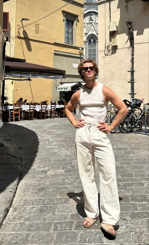 Men Aesthetic Outfits, Rome Outfits, Men's Summer Outfit, Europe 2024, Yoga Beach, Summer Yoga, Slim Fit Mens Shirts, Casual Linen Pants, European Summer Outfits