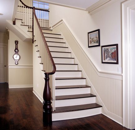 hallway and stair beadboard | Below chair rails and just a shade darker than walls. Beadboard Hallway, Beadboard Ideas, Beadboard Wainscoting, Wood Mouldings, Entry Stairs, Coastal Living Rooms, Wood Stairs, Trendy Living Rooms, Stairway To Heaven