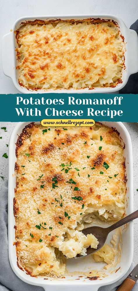 Enjoy Potatoes Romanoff with cheese, a casserole made with sour cream, cheddar, and Parmesan, all baked into a creamy, indulgent dish with a crispy, golden-brown top. Romanoff Potatoes, Baked Russet Potatoes, Potatoes Romanoff Recipe, Potatoes Romanoff, Easy Potatoes, Simple Side Dishes, Ms Recipes, Creamy Potatoes, Shredded Potatoes