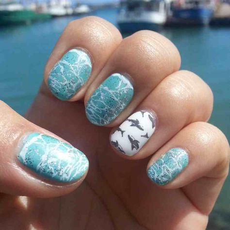 Shark Nail Art, Shark Nails, Ocean Nail Art, Jaws 1975, Monster Nails, Mint Nails, Beach Nail Designs, Pedicure Ideas, Summer Nails Beach