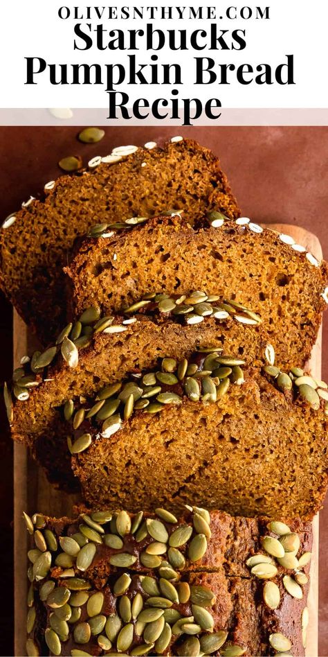 Starbucks pumpkin bread is a tender and moist homemade pumpkin loaf filled with warm spices. This easy, one bowl recipe is the perfect fall treat. Best Healthy Pumpkin Bread, Olive Oil Pumpkin Bread, Starbucks Pumpkin Bread Recipe Copycat, Pumpkin Loaf Starbucks, Pumpkin Loaf Recipe, Starbucks Pumpkin Bread Recipe, Thanksgiving Bread Recipes, Pumpkin Bread Recipe Moist, Pumpkin Breads