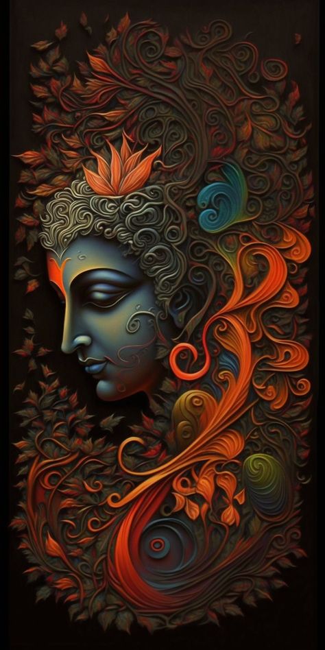 A breathtaking painting of Lord Krishna created using Artificial Intelligence, showcasing his enchanting smile, expressive eyes, and iconic flute. The painting's intricate details and vivid colors are a result of the machine's intelligent algorithms, producing a truly unique and mesmerizing image of the revered deity. Photos Of Krishna God, Krishna Smile, Krishna Artwork, Mobile Wallpaper Hd, Ganesha Art Illustration, 4k Mobile Wallpaper, Wallpaper In Hd, Mesmerizing Eyes, God Venkateswara Images Hd Wallpaper