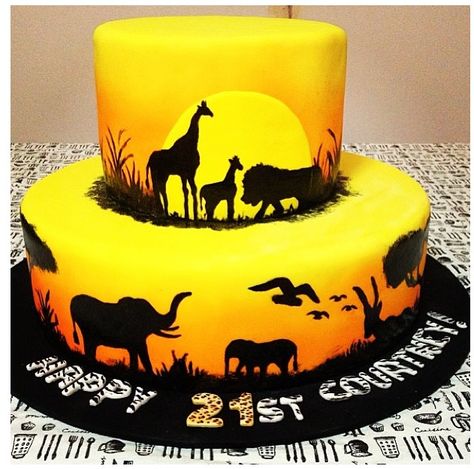 Silhouette Cakes, Sunset Cake, Africa Cake, African Cake, Lion King Cake, Airbrush Cake, Jungle Theme Cakes, 25th Bday, Giraffe Cakes