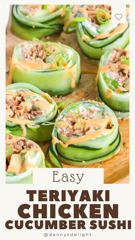 Transform your lunch with my Teriyaki Chicken Cucumber Sushi – a flavor-packed twist on traditional rolls! 🍴🥢 #SushiTime #HealthyLiving #RecipeInspiration Teriyaki Chicken Cucumber Sushi, Cucumber Rolls Sushi, Cucumber Recipes Healthy, Cucumber Roll Ups, Cucumber Sushi Rolls, Chicken Sushi, Chicken Cucumber, Bariatric Meals, Sushi Salad