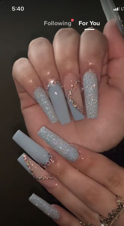 Icy Blue Prom Nails, Cinderella Blue Nails, Dusty Blue Nails Acrylic, Cinderella Inspired Nails, Trashy Nails, Cinderella Nails, Prom Invites, Sparkly Acrylic Nails, Tiny Nails