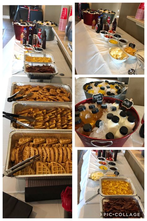 Waffle and chicken bar for graduation It is done and came out nice. Couldn’t use smaller serving plates because of the quantity but still awesome!  Fried Chicken tenders, Belgian waffles, French toast sticks, bacon.  Toppings were whipped butter, spicy honey butter, syrup, blueberries, strawberries, pineapple, mini choc chips, honey, choc & caramel sauce & whip topping!  Used metal tubs with ice & drinks in pre poured 8 oz plastic jugs!!!  #wafflebar #chickenandwaffles #graduationparty #brunch Waffles For A Crowd, What To Serve With Chicken And Waffles, Waffle Bar For A Crowd, Chicken And Waffle Bar Ideas, French Toast Bar, Waffle Bar Wedding, Chicken And Waffle Station, Waffle Bar Graduation Party, Chicken And Waffle Bar Ideas Brunch Party