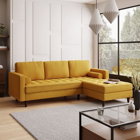 L Shaped Sofas, Yellow Couch, Tufted Seat Cushion, Corner Sofas, Small Living Room Decor, Corner Sofa Bed, L Shaped Sofa, Velvet Upholstery, Small Living Room