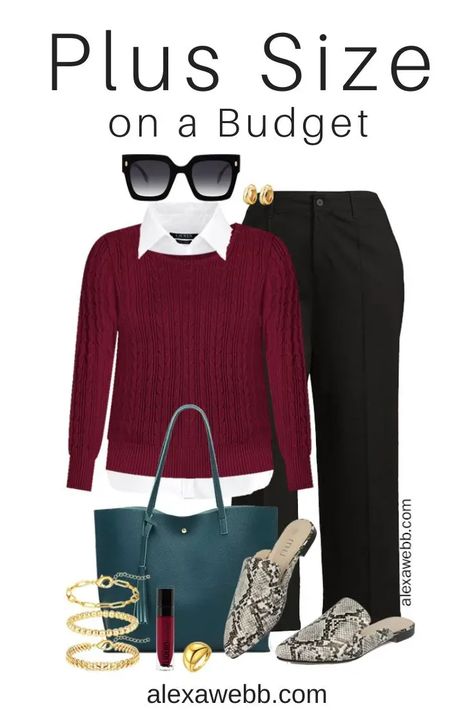 Plus Size on a Budget - Business Casual Winter Outfit 1 - A plus size work outfit idea for winter with a burgundy sweater, button down shirt, black pants, and snake mules by Alexa Webb. Plus Size On A Budget, Plus Size Business Casual, Plus Size Spring Dresses, Business Casual Outfits Winter, Cold Weather Outfits Winter, Casual Winter Outfit, Alexa Webb, Business Casual Winter, Plus Size Winter Outfits