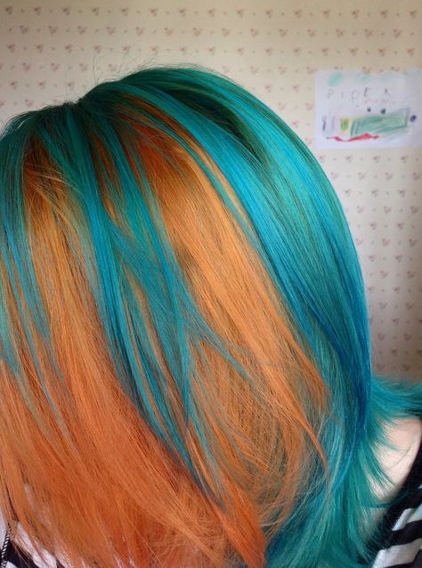 Blue And Orange Hair Color, Ginger And Turquoise Hair, Ginger Blue Hair, Orange And Blue Hair Ideas, Ginger And Teal Hair, Blue And Ginger Hair, Orange And Teal Hair, Warm Blue Hair, Split Dye Orange