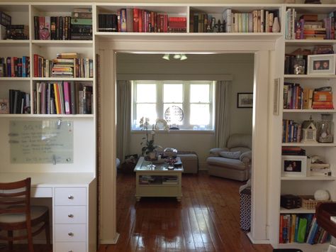 Door Frame Bookcase, Built In Bookshelves Around French Doors, Built In Bookshelves Around Doorway, Door Frame Bookshelf, Double Sided Bookcase Door, Office Bookshelves, Corner Bookshelves, Bookshelves In Living Room, Wall Bookshelves