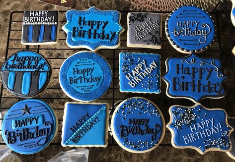 Guys happy birthday sugar cookies Masculine Cookies Decorated, Male Birthday Cookies Decorated, Male Birthday Cookies, Birthday Cookies Men, Men’s Birthday Cookies, Birthday Sugar Cookies For Men, 21st Birthday Cookies For Guys, Mens Birthday Cookies, Happy Birthday Cookies For Men