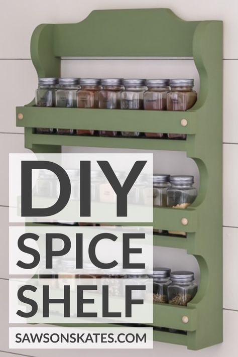 Learn how to make a wall-mounted DIY spice shelf with these step-by-step plans. This attractive DIY spice shelf with antique-inspired curved details is the perfect way to display spices on the wall in your kitchen. The three spacious shelves are great for organizing and keeping your most-used spices at your fingertips. Download the easy-to-follow plan now! Diy Spice Shelf, Spice Rack Plans, Wall Spice Rack, Diy Spice Rack, Wall Mounted Spice Rack, Wooden Spice Rack, Spice Shelf, Diy Spices, Camping Decor