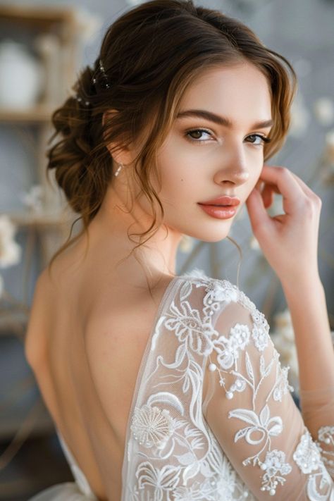 Bride in lace wedding dress with floral embroidery, looking over her shoulder. Hairstyles For The Bride, Loose Chignon, Intricate Braids, Summer Wedding Hairstyles, Elegant Headband, Chignon Hair, Beautiful Hairstyle, Stunning Hairstyles, Divine Beauty