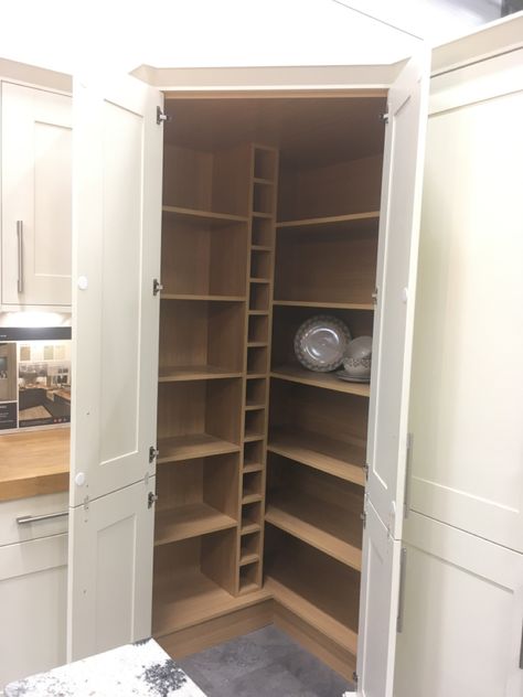 Larder and wine rack with double doors designed to go into the corner of a kitchen. From Wickes. Corner Larder Cupboard, Corner Larder, Larder Cupboard, Double Door Design, Kitchen Corner, Kitchen Cupboards, Double Doors, A Kitchen, Dining Room Decor