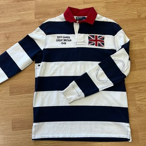 Vintage Polo Ralph Ralph XIV Game Great Britain 1948 Rugby Polo Shirt Sz S Lacoste Outfit, Cuff Embroidery, Rugby Ralph Lauren, Ralph Lauren Rugby Shirt, Polo Jersey, Vintage Polo Shirt, Rugby Polo, Shirt Design Inspiration, Street Style Outfits Men