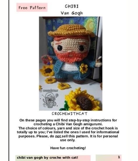 Design by @crochewithcat Van Gogh Crochet Pattern, Kirby, Van Gogh, Crochet Pattern, Free Pattern, Amigurumi, Crochet Patterns, Van, Crochet