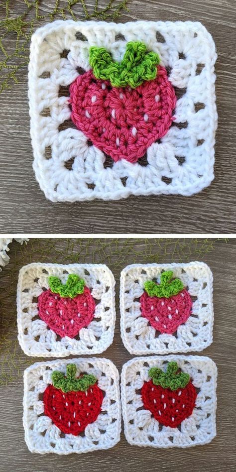 This crochet granny square is easy to make and yet very cute. The strawberry motif in the center contrasts with the color of the border, making it look and feel very light and soft. This design is full of summer and crocheted blankets and clothing will definitely cheer you up when fall comes. The step-by-step crochet pattern will take no time to complete. Get creative! #freecrochetpattern #crochetsquare #crochetbuildingblocks #fruitcrochet Crochet Strawberry Square Pattern, Gummy Bear Granny Square Crochet Pattern, Cake Granny Square, Strawberry Granny Square Blanket, Granny Square Mushroom Crochet Pattern, Strawberry Shortcake Crochet Blanket, Strawberry Crochet Projects, Crochet Granny Square Unique, Strawberry Blanket Crochet