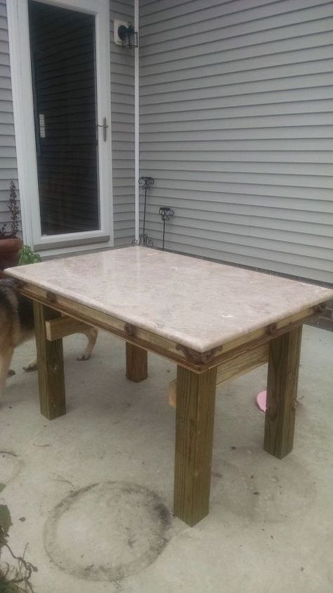 Our Granite Top Coffee Table was 10 years old and too large for my new house's Great Room. But it's still in great shape and hard to just give away. So we decided to transform it into an outdoor dinning table. The top is 40" by 48" so plenty enough seating for 4 people having an Alfresco lunch. Pinic Table, Outdoor Dinning Table, Pothos In Water, Diy Shiplap Fireplace, Diy Stock Tank, Mosaic Tile Mirror, Holiday Room, Shiplap Fireplace, Diy Shiplap