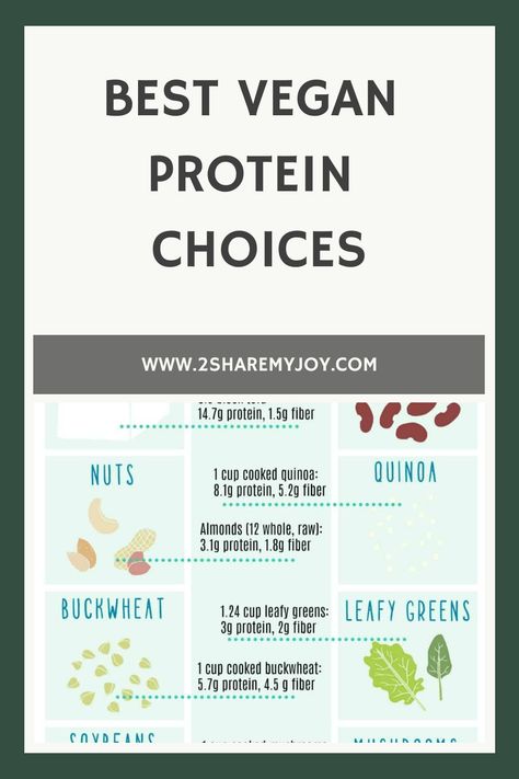 Best vegan protein choices infographic: nuts, quinoa, buckwheat, leafy greens, soybeans, mushrooms Protein Sources For Vegans, Plant Protein Sources, High Protein Vegan Breakfast, Plant Based Protein Sources, Healthy Vegan Diet, Best Vegan Protein, Vegan Protein Recipes, Vegan Protein Sources, Vegan Diet Plan