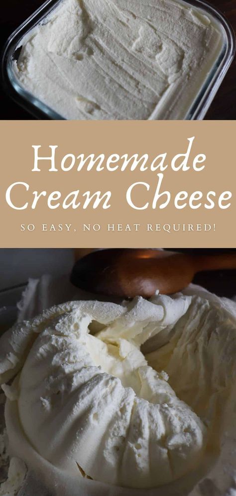 Homemade cream cheese requires NO heat or any crazy gadgets! A starter culture, 2 ingredients, some cheesecloth to set it in to drip out of, and a pinch of salt later...you have cream cheese! Make Cream Cheese At Home, Cream Cheese At Home, Homemade Cream Cheese Recipe, Crazy Gadgets, Cream Cheese Spread Recipes, Cheese Spread Recipes, Cheese Making Recipes, Cream Cheese Recipe, Cheese At Home